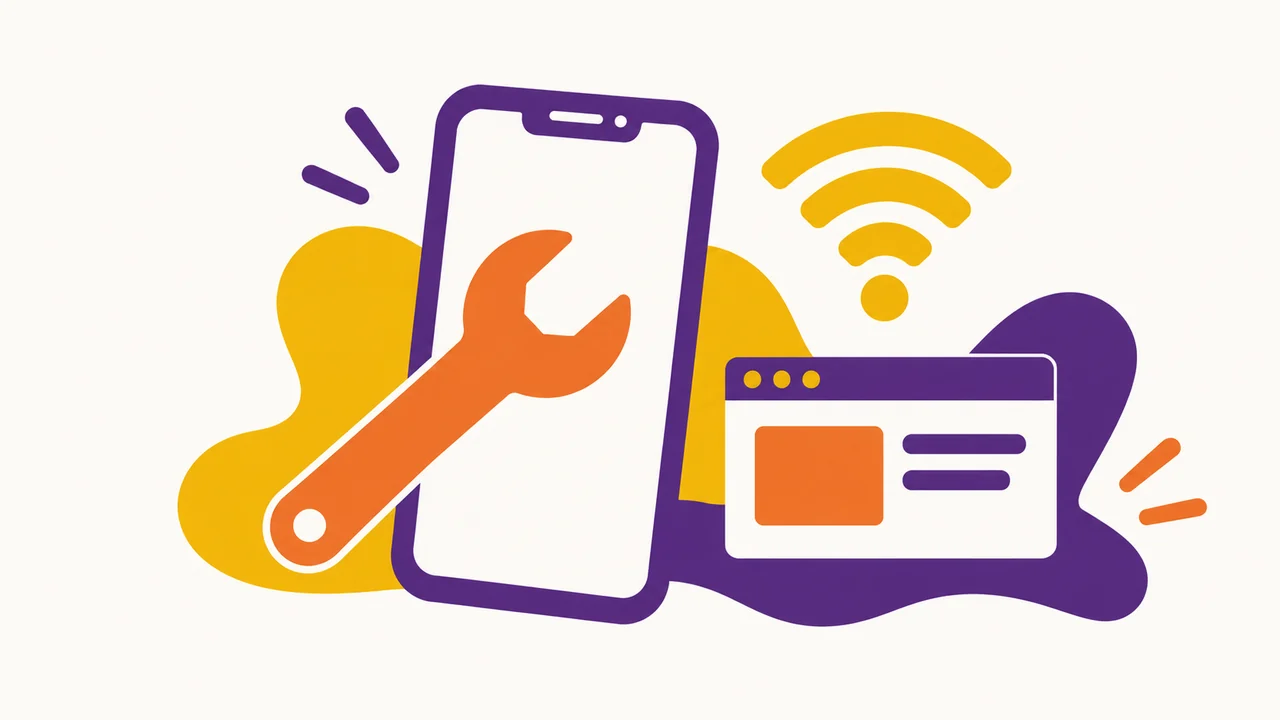 Illustration abstraite : un téléphone, des outils et des connexions numériques aux couleurs de Velumio.