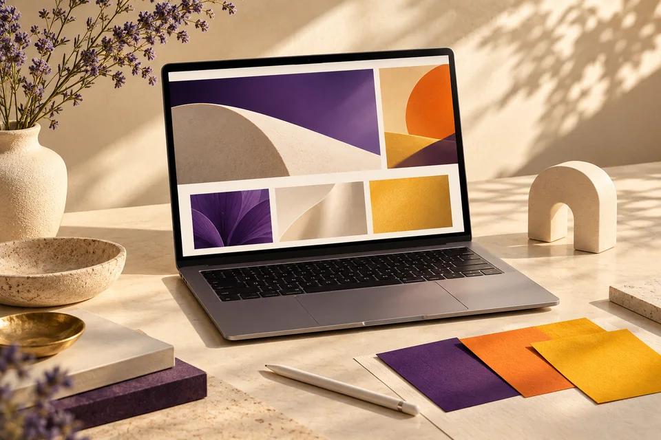 Composition illustrative d’un studio digital : ordinateur et échantillons de couleurs.