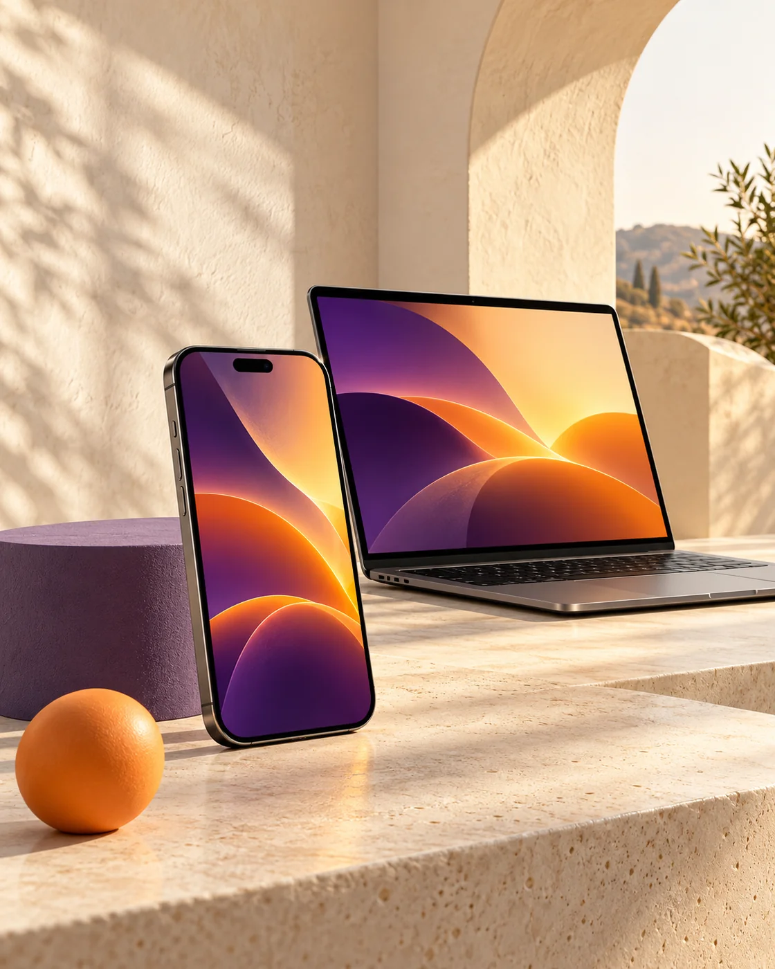 Composition illustrative : smartphone et ordinateur aux couleurs de Provence, sur une terrasse en pierre ensoleillée.