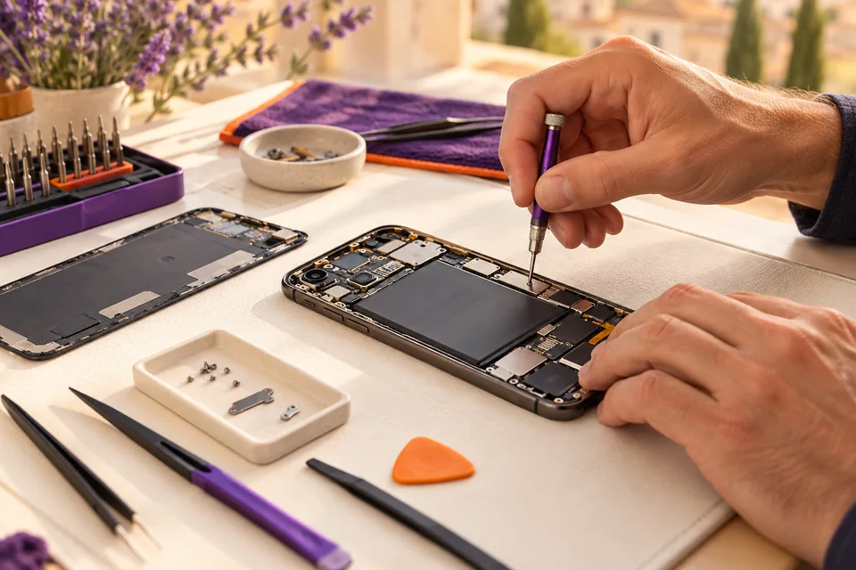 Illustration d’une réparation de smartphone avec des outils de précision.
